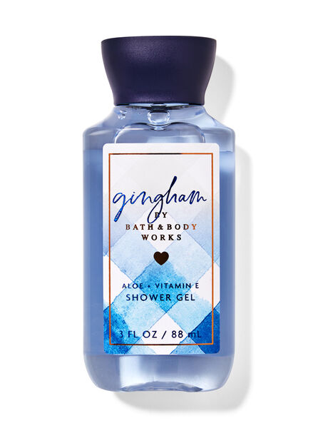 Gingham body care featuring travel size Bath & Body Works