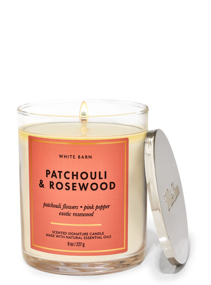 Patchouli &amp; Rosewood home fragrance featured white barn collection Bath & Body Works